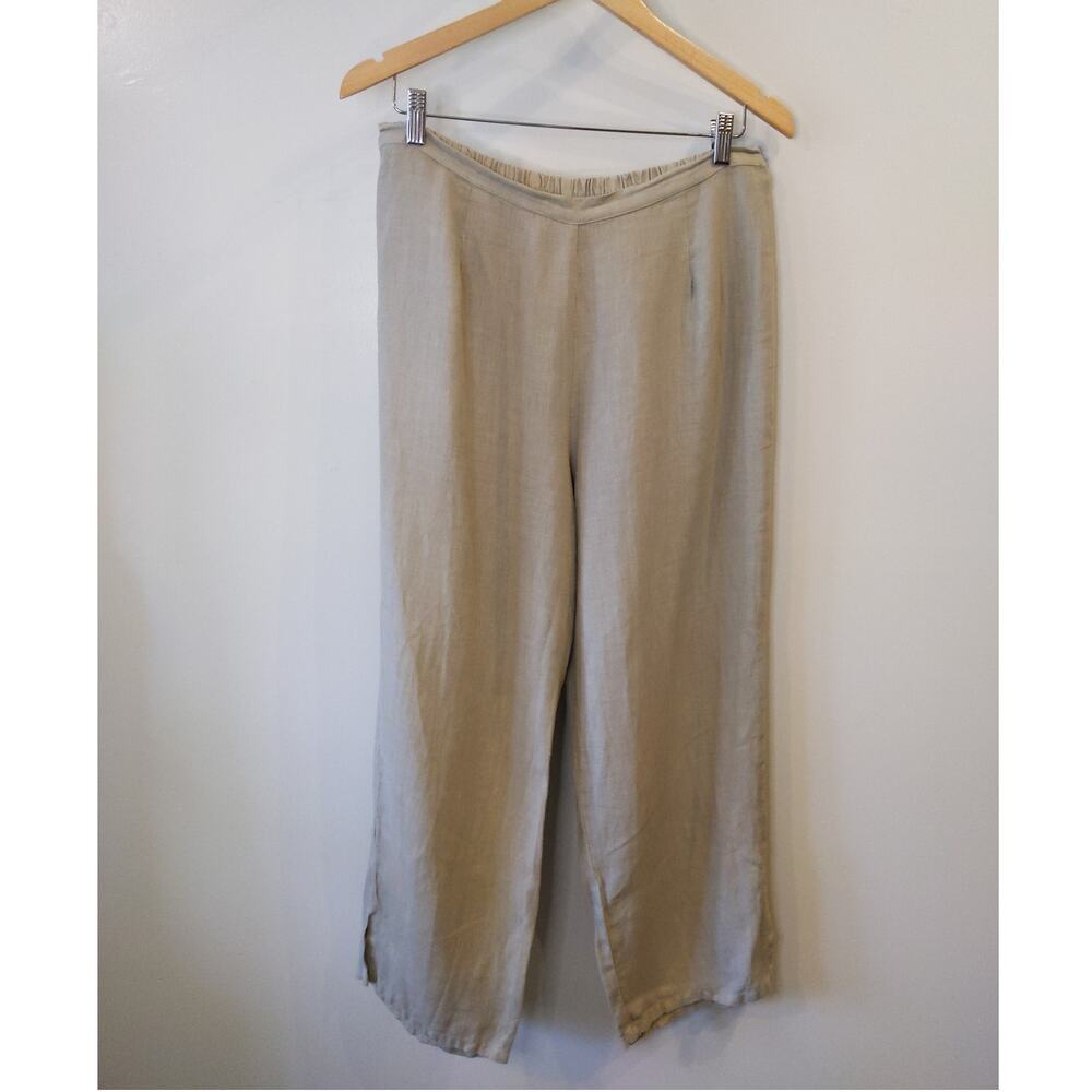 Heaven Beige Cropped Linen Pants Size L USA Made Elastic Waist 24" Inseam